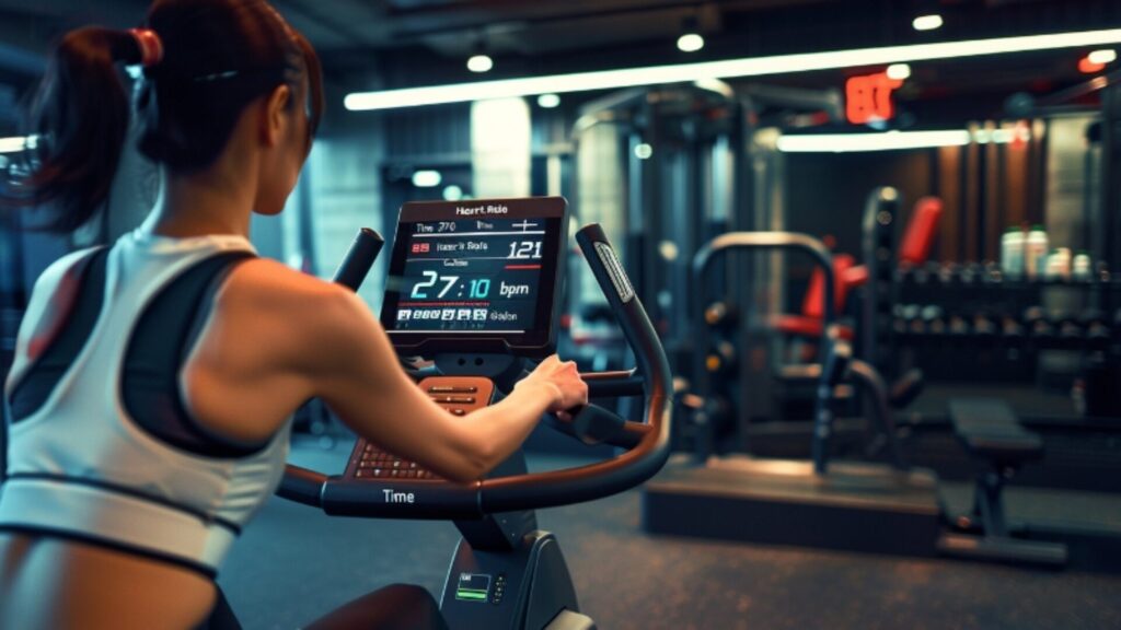 フィットネスバイクで有酸素運動を行う女性と、運動時間や心拍数が表示されたモニターの様子