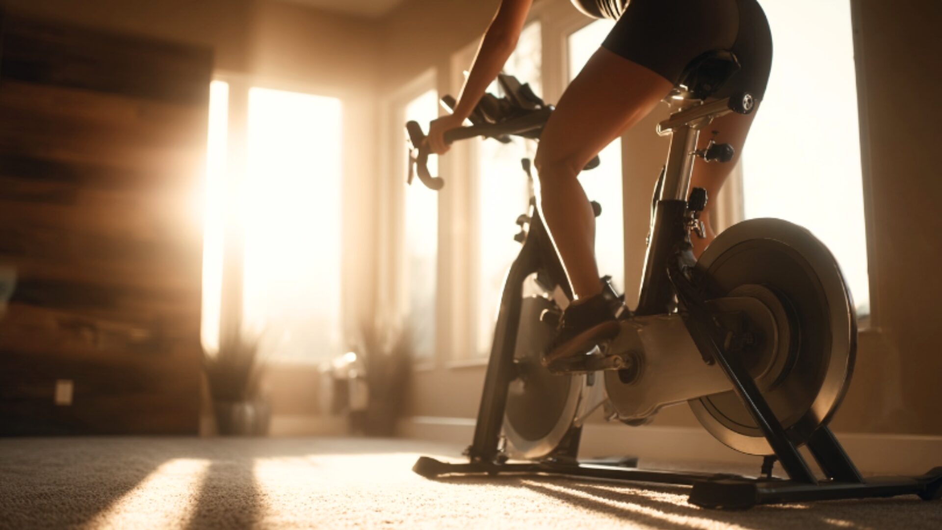 自然光の差し込む室内で、女性がフィットネスバイクを使って有酸素運動に取り組んでいるシーンです。落ち着いた雰囲気の中で行うトレーニングの様子を表現しています。
