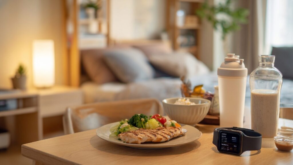 健康的な食事とプロテイン、スマートウォッチが並ぶテーブルと、奥に落ち着いた寝室が見えるシーン