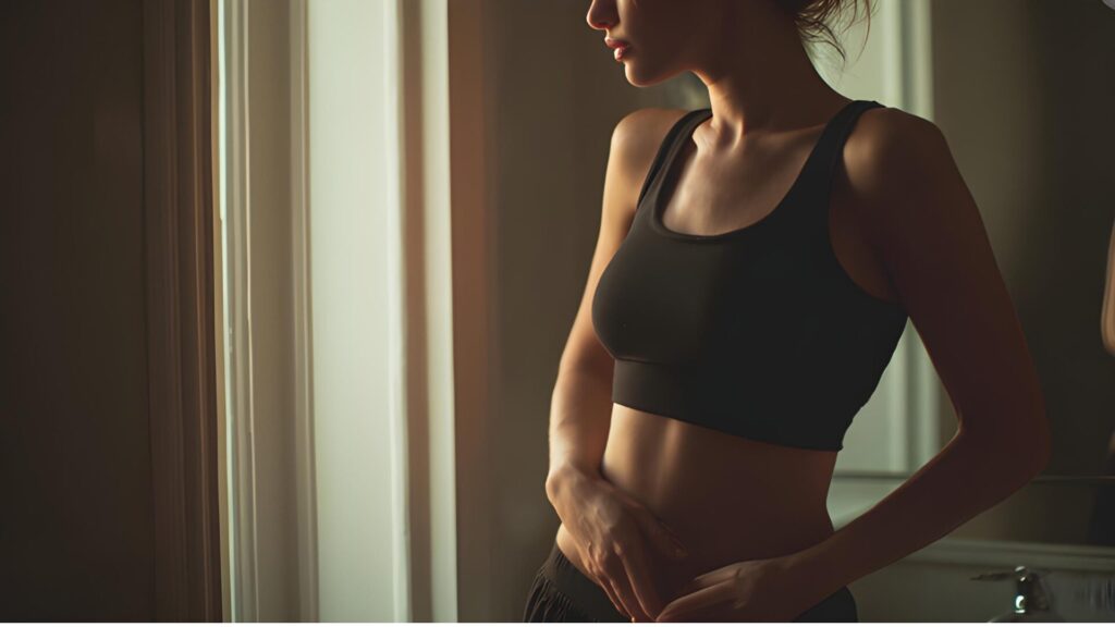 鏡の前でお腹まわりを確認する女性のシルエット。体型の変化を気にしている様子。